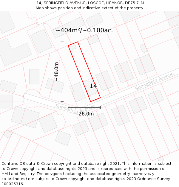 14, SPRINGFIELD AVENUE, LOSCOE, HEANOR, DE75 7LN: Plot and title map