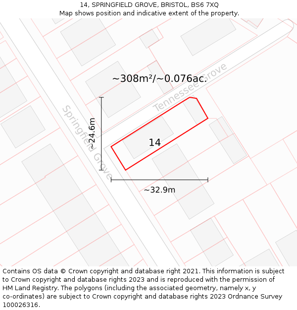 14, SPRINGFIELD GROVE, BRISTOL, BS6 7XQ: Plot and title map