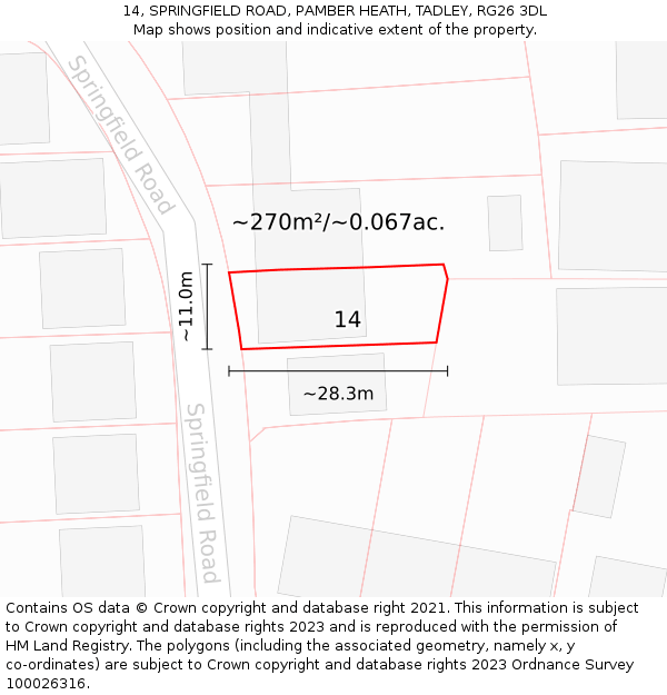 14, SPRINGFIELD ROAD, PAMBER HEATH, TADLEY, RG26 3DL: Plot and title map