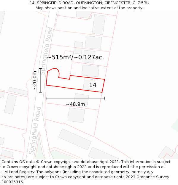 14, SPRINGFIELD ROAD, QUENINGTON, CIRENCESTER, GL7 5BU: Plot and title map