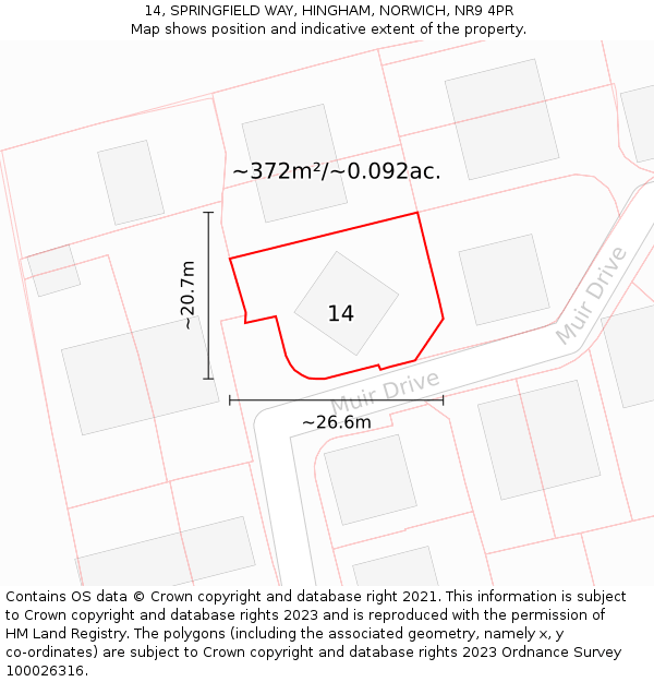 14, SPRINGFIELD WAY, HINGHAM, NORWICH, NR9 4PR: Plot and title map