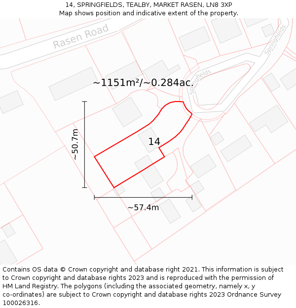 14, SPRINGFIELDS, TEALBY, MARKET RASEN, LN8 3XP: Plot and title map