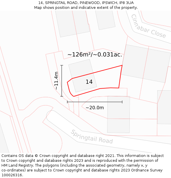 14, SPRINGTAIL ROAD, PINEWOOD, IPSWICH, IP8 3UA: Plot and title map