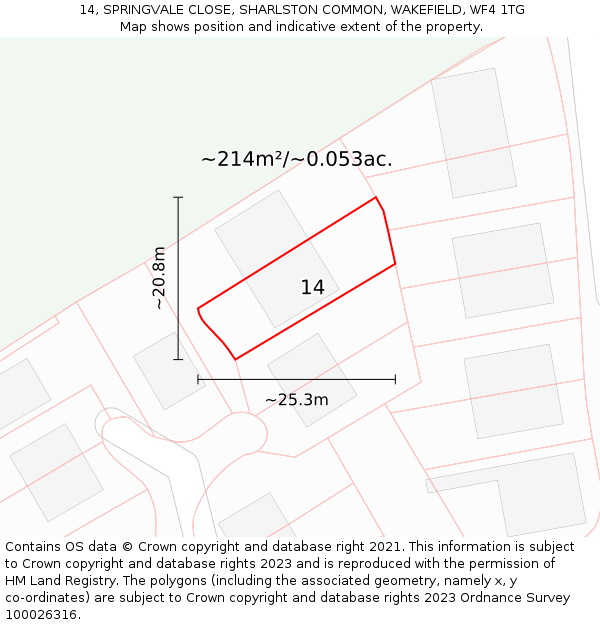 14, SPRINGVALE CLOSE, SHARLSTON COMMON, WAKEFIELD, WF4 1TG: Plot and title map