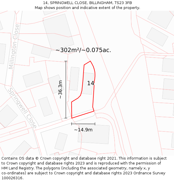 14, SPRINGWELL CLOSE, BILLINGHAM, TS23 3FB: Plot and title map