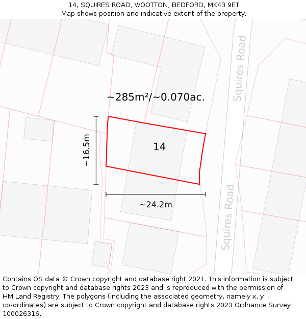 14, SQUIRES ROAD, WOOTTON, BEDFORD, MK43 9ET: Plot and title map