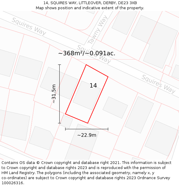 14, SQUIRES WAY, LITTLEOVER, DERBY, DE23 3XB: Plot and title map