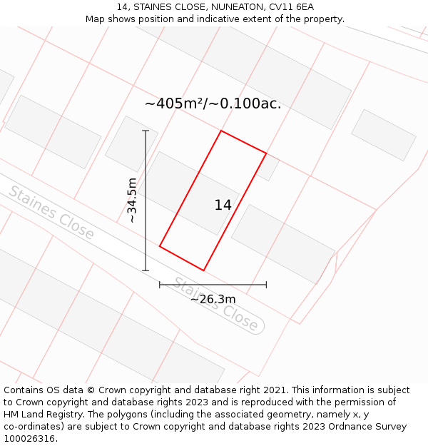 14, STAINES CLOSE, NUNEATON, CV11 6EA: Plot and title map