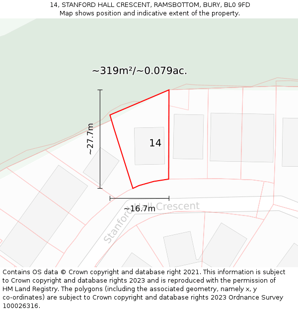 14, STANFORD HALL CRESCENT, RAMSBOTTOM, BURY, BL0 9FD: Plot and title map