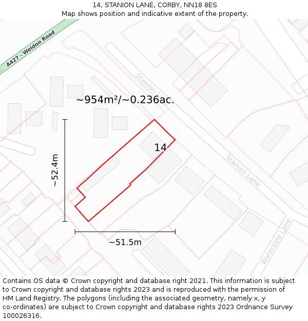 14, STANION LANE, CORBY, NN18 8ES: Plot and title map