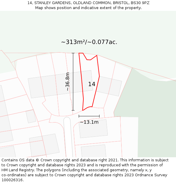 14, STANLEY GARDENS, OLDLAND COMMON, BRISTOL, BS30 9PZ: Plot and title map