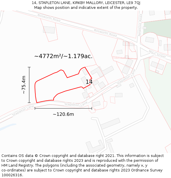14, STAPLETON LANE, KIRKBY MALLORY, LEICESTER, LE9 7QJ: Plot and title map