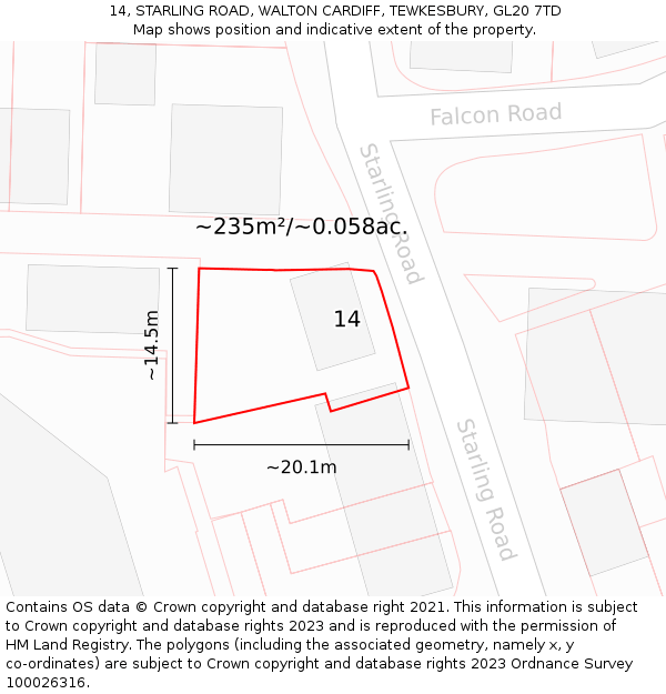 14, STARLING ROAD, WALTON CARDIFF, TEWKESBURY, GL20 7TD: Plot and title map