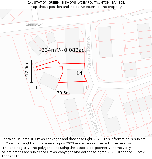 14, STATION GREEN, BISHOPS LYDEARD, TAUNTON, TA4 3DL: Plot and title map