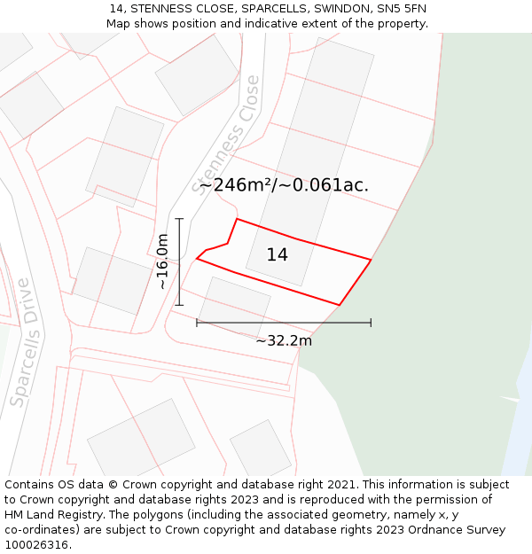 14, STENNESS CLOSE, SPARCELLS, SWINDON, SN5 5FN: Plot and title map