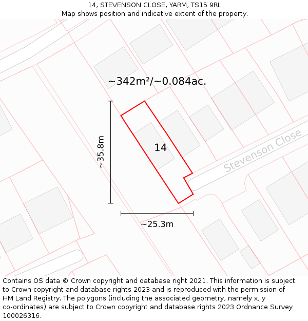 14, STEVENSON CLOSE, YARM, TS15 9RL: Plot and title map