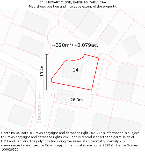 14, STEWART CLOSE, EVESHAM, WR11 2AA: Plot and title map