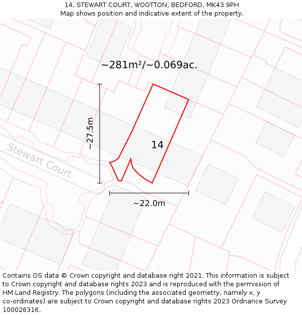 14, STEWART COURT, WOOTTON, BEDFORD, MK43 9PH: Plot and title map