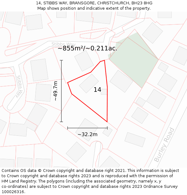 14, STIBBS WAY, BRANSGORE, CHRISTCHURCH, BH23 8HG: Plot and title map