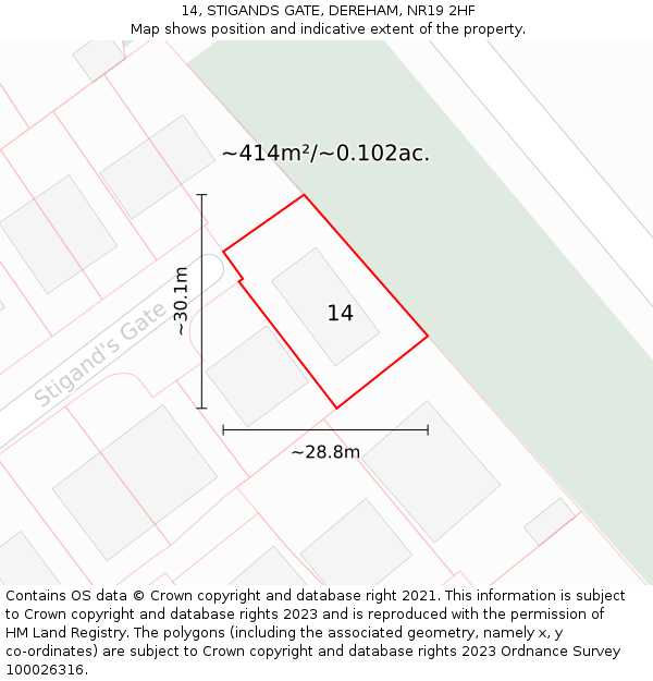 14, STIGANDS GATE, DEREHAM, NR19 2HF: Plot and title map