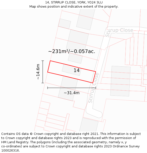 14, STIRRUP CLOSE, YORK, YO24 3LU: Plot and title map