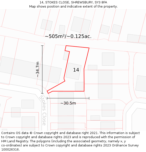 14, STOKES CLOSE, SHREWSBURY, SY3 8FA: Plot and title map