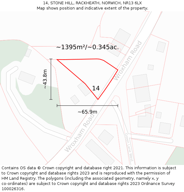 14, STONE HILL, RACKHEATH, NORWICH, NR13 6LX: Plot and title map