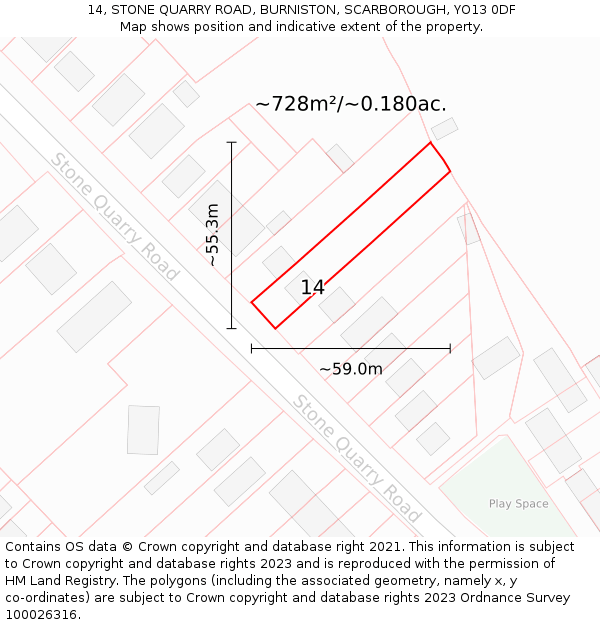 14, STONE QUARRY ROAD, BURNISTON, SCARBOROUGH, YO13 0DF: Plot and title map