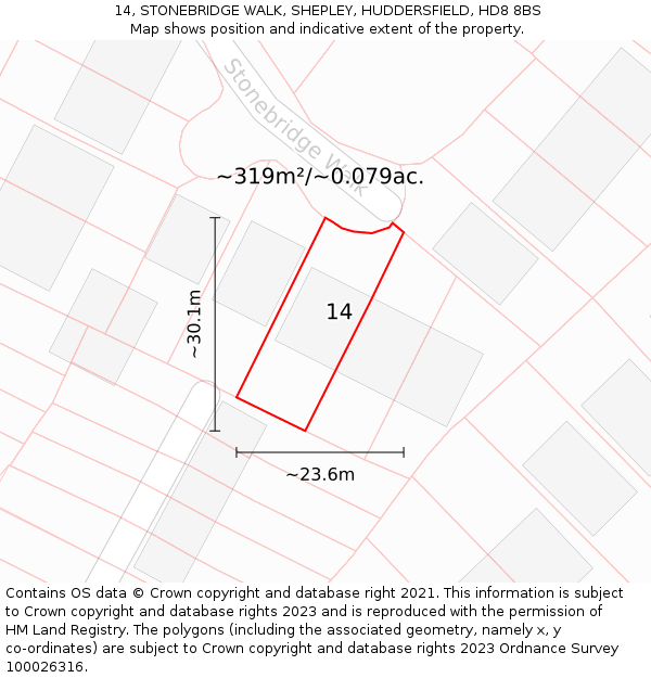 14, STONEBRIDGE WALK, SHEPLEY, HUDDERSFIELD, HD8 8BS: Plot and title map