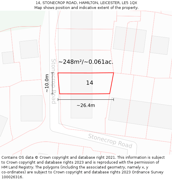 14, STONECROP ROAD, HAMILTON, LEICESTER, LE5 1QX: Plot and title map