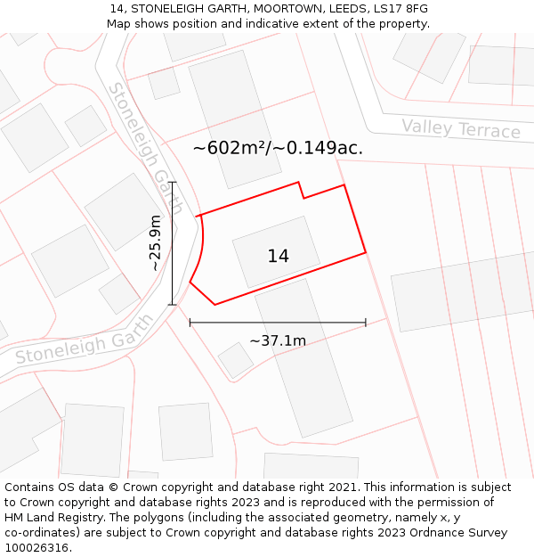 14, STONELEIGH GARTH, MOORTOWN, LEEDS, LS17 8FG: Plot and title map