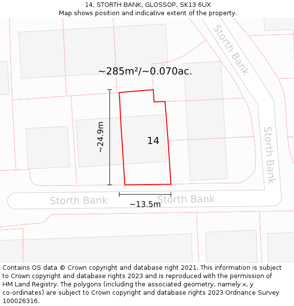 14, STORTH BANK, GLOSSOP, SK13 6UX: Plot and title map