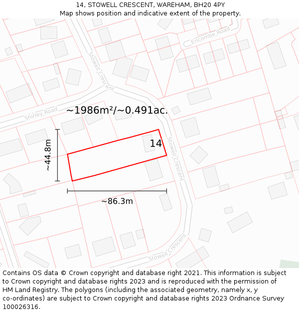 14, STOWELL CRESCENT, WAREHAM, BH20 4PY: Plot and title map