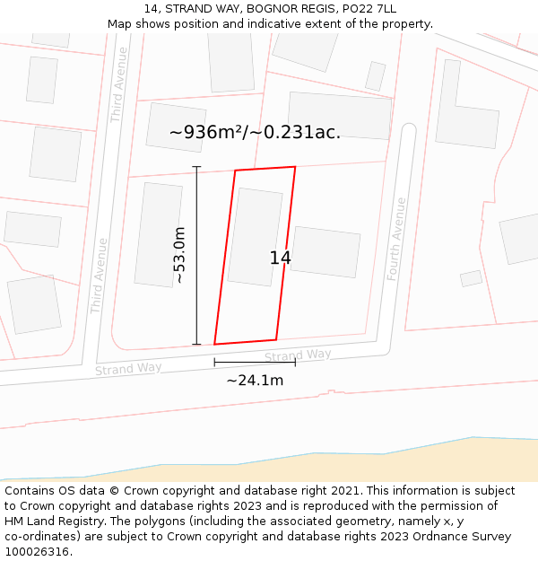 14, STRAND WAY, BOGNOR REGIS, PO22 7LL: Plot and title map