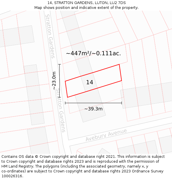 14, STRATTON GARDENS, LUTON, LU2 7DS: Plot and title map