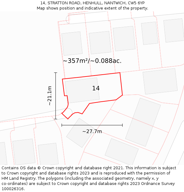 14, STRATTON ROAD, HENHULL, NANTWICH, CW5 6YP: Plot and title map