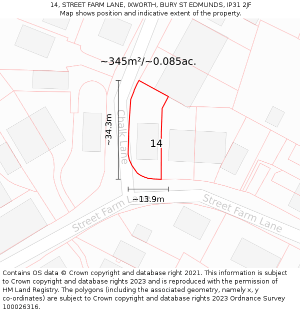14, STREET FARM LANE, IXWORTH, BURY ST EDMUNDS, IP31 2JF: Plot and title map