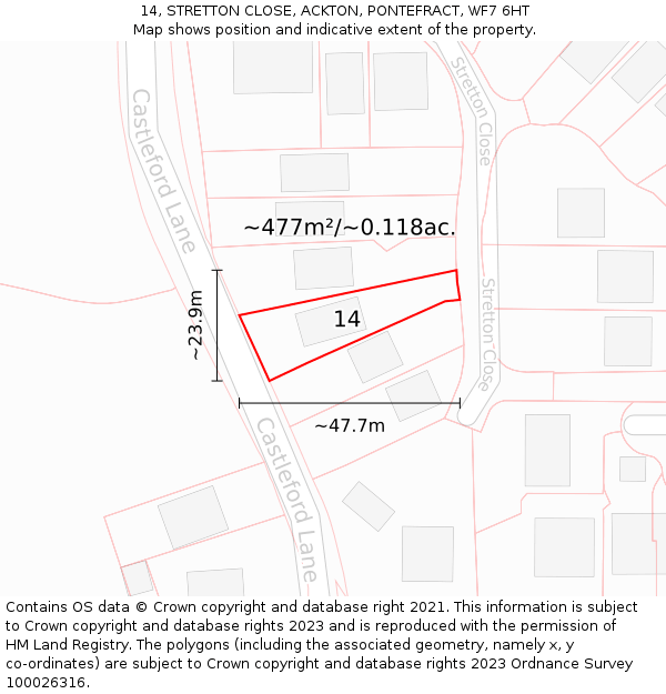 14, STRETTON CLOSE, ACKTON, PONTEFRACT, WF7 6HT: Plot and title map