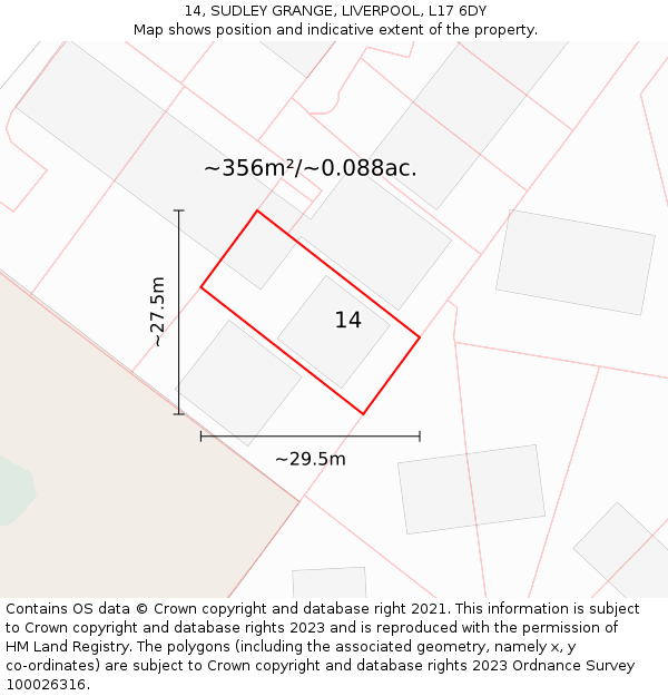 14, SUDLEY GRANGE, LIVERPOOL, L17 6DY: Plot and title map