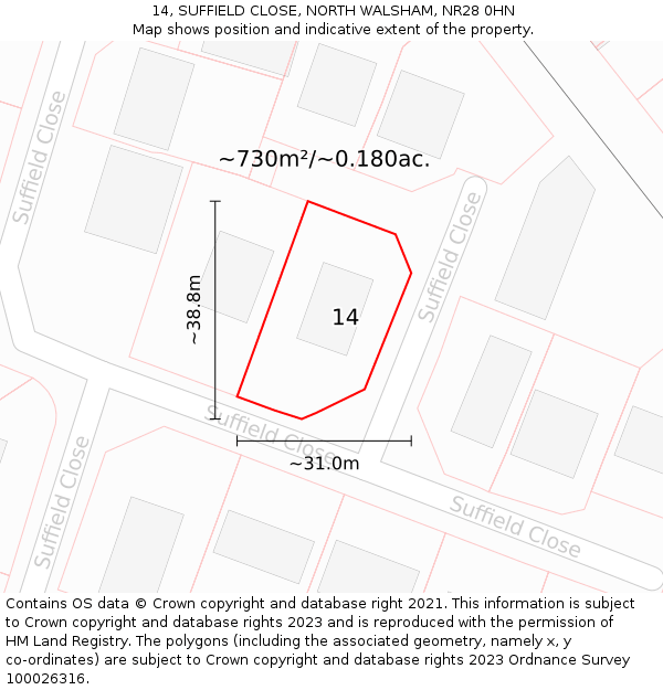 14, SUFFIELD CLOSE, NORTH WALSHAM, NR28 0HN: Plot and title map