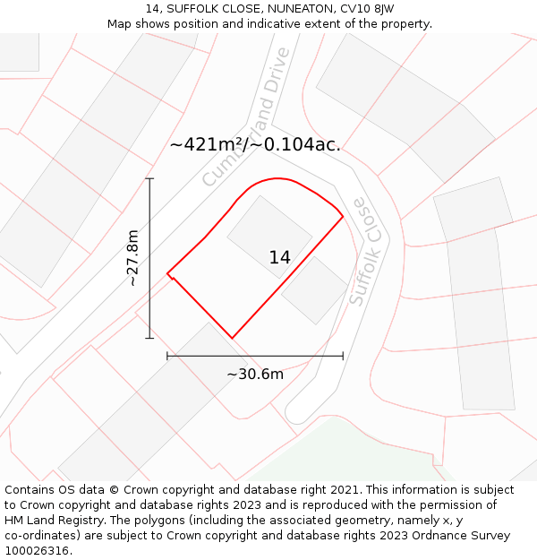 14, SUFFOLK CLOSE, NUNEATON, CV10 8JW: Plot and title map
