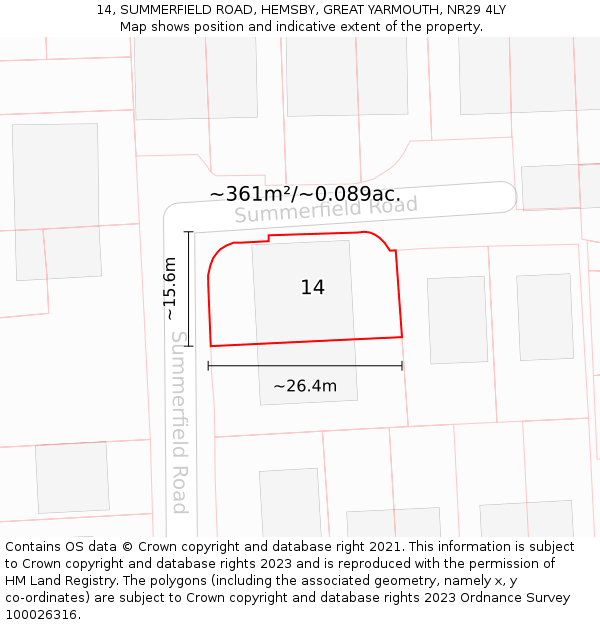 14, SUMMERFIELD ROAD, HEMSBY, GREAT YARMOUTH, NR29 4LY: Plot and title map