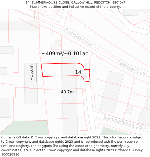 14, SUMMERHOUSE CLOSE, CALLOW HILL, REDDITCH, B97 5YF: Plot and title map