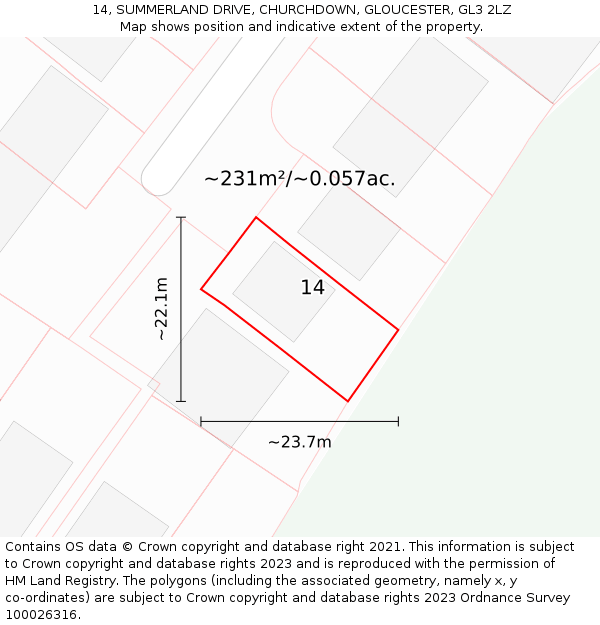 14, SUMMERLAND DRIVE, CHURCHDOWN, GLOUCESTER, GL3 2LZ: Plot and title map