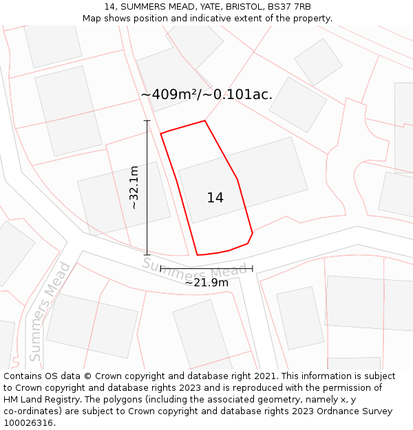 14, SUMMERS MEAD, YATE, BRISTOL, BS37 7RB: Plot and title map