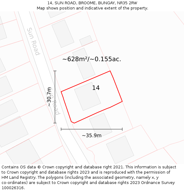 14, SUN ROAD, BROOME, BUNGAY, NR35 2RW: Plot and title map