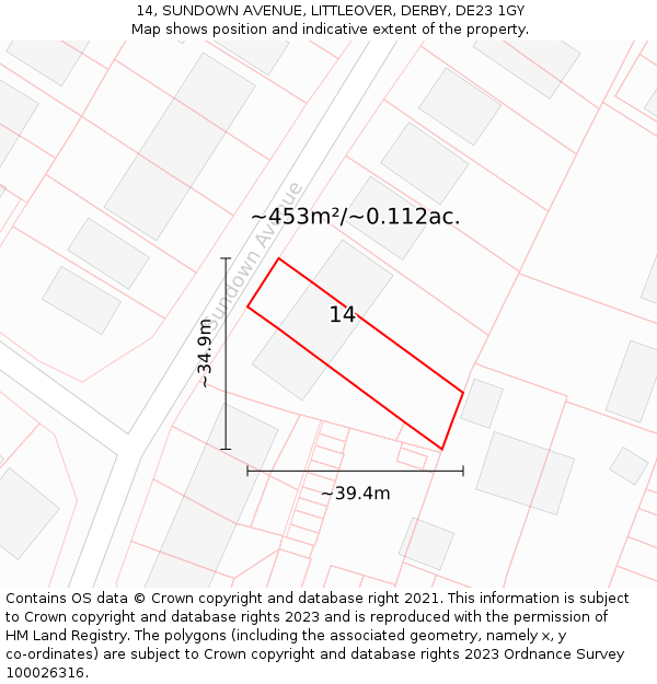 14, SUNDOWN AVENUE, LITTLEOVER, DERBY, DE23 1GY: Plot and title map