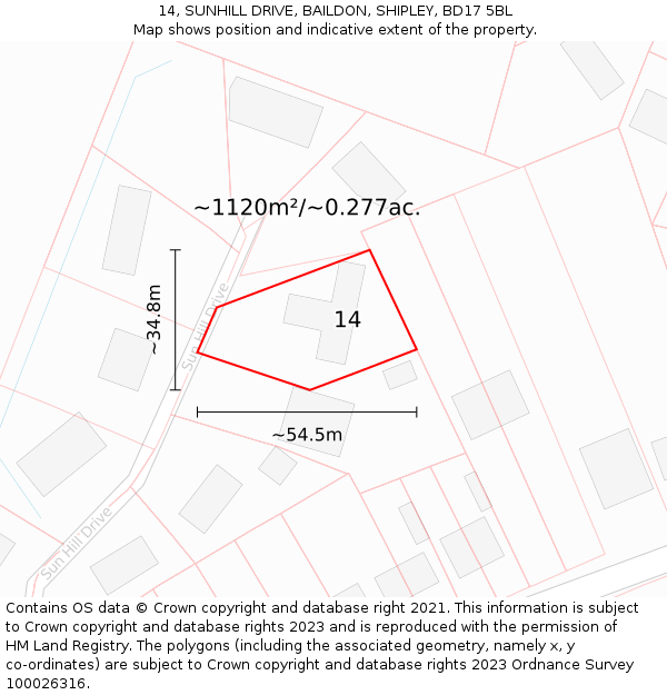 14, SUNHILL DRIVE, BAILDON, SHIPLEY, BD17 5BL: Plot and title map