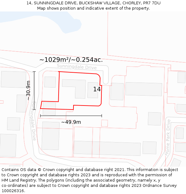14, SUNNINGDALE DRIVE, BUCKSHAW VILLAGE, CHORLEY, PR7 7DU: Plot and title map