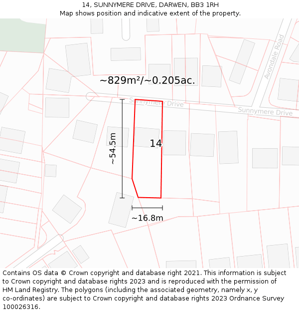 14, SUNNYMERE DRIVE, DARWEN, BB3 1RH: Plot and title map